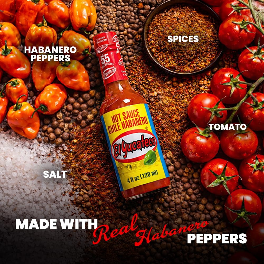 El Yucateco Red Habanero Hot Sauce, Salsa Picante de Chile Habanero, Gluten Free, Sugar Free, 4 oz, 6 Pack (Habanero)