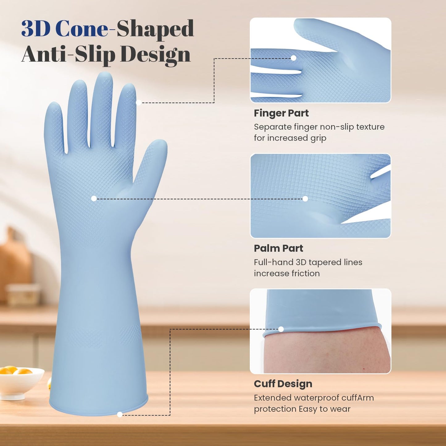 BSRBZJ Rubber Kitchen Dishwashing Gloves - 3 Pairs Reusable Household Cleaning Gloves, Flexible and Durable & Non-slip Cleaning Gloves, Great