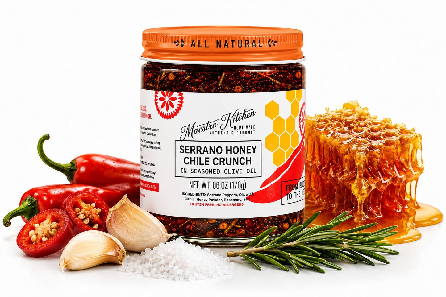 Maestro Kitchen Serrano Honey Chile Crunch - Medium Heat Sweet & Spicy Chili Crisp with Olive Oil, Garlic & Rosemary - Crunchy Mexican Chili Oil