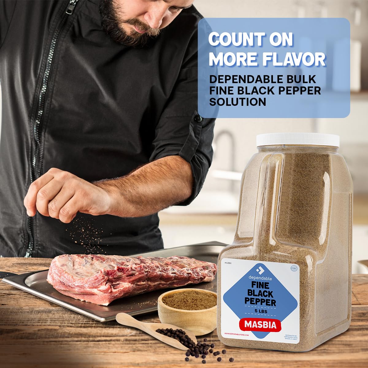 Dependable Food Fine Ground Black Pepper - 5 Lb. Jar - Bulk, Kosher, Black Pepper Ground - 60 Mesh - Fine Black Pepper Seasoning for Chefs