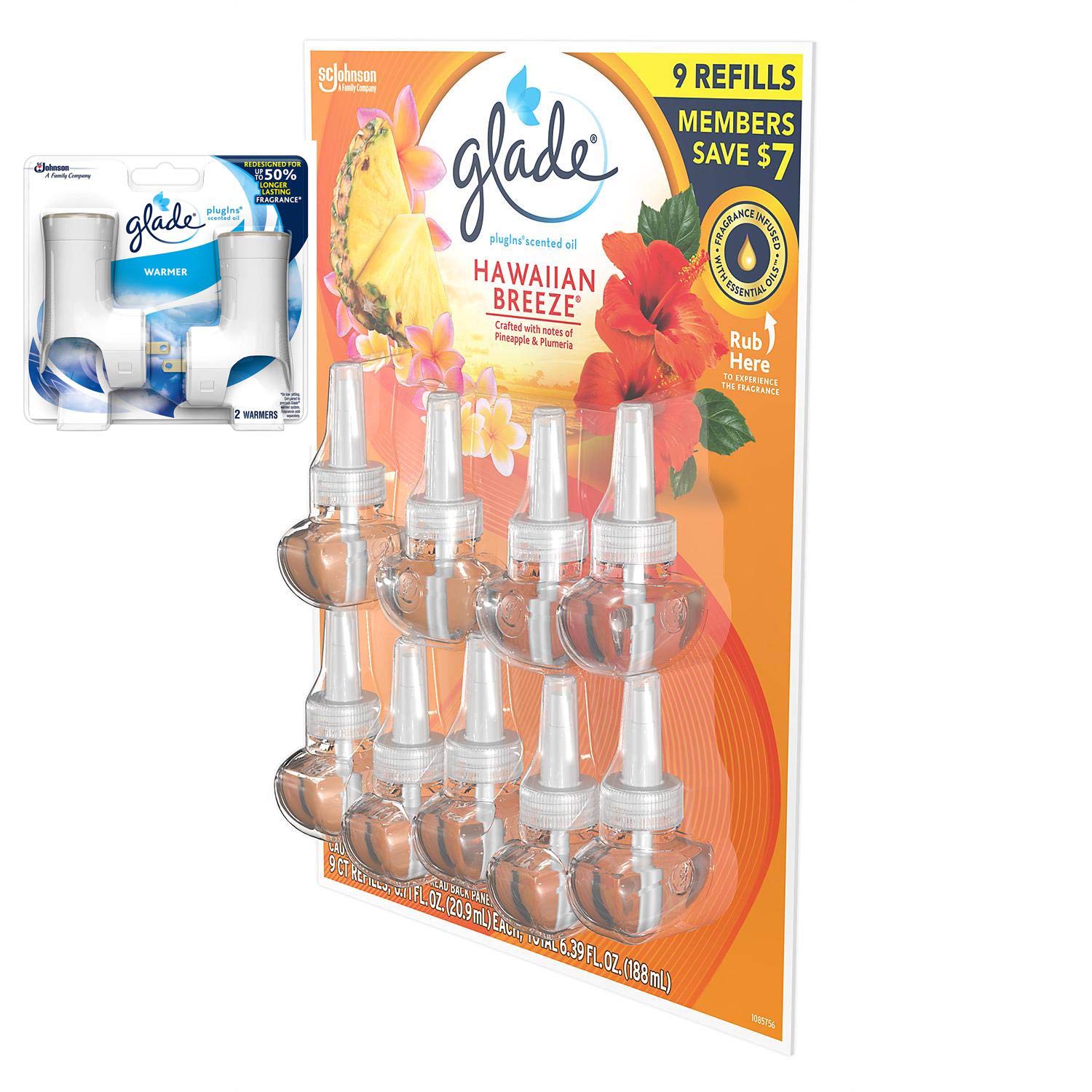 Glade PlugIns Scented Oil Refill, Essential Oil Infused Wall Plug in, 6.39 fl. oz, 9 ct. (Hawaiian Breeze)