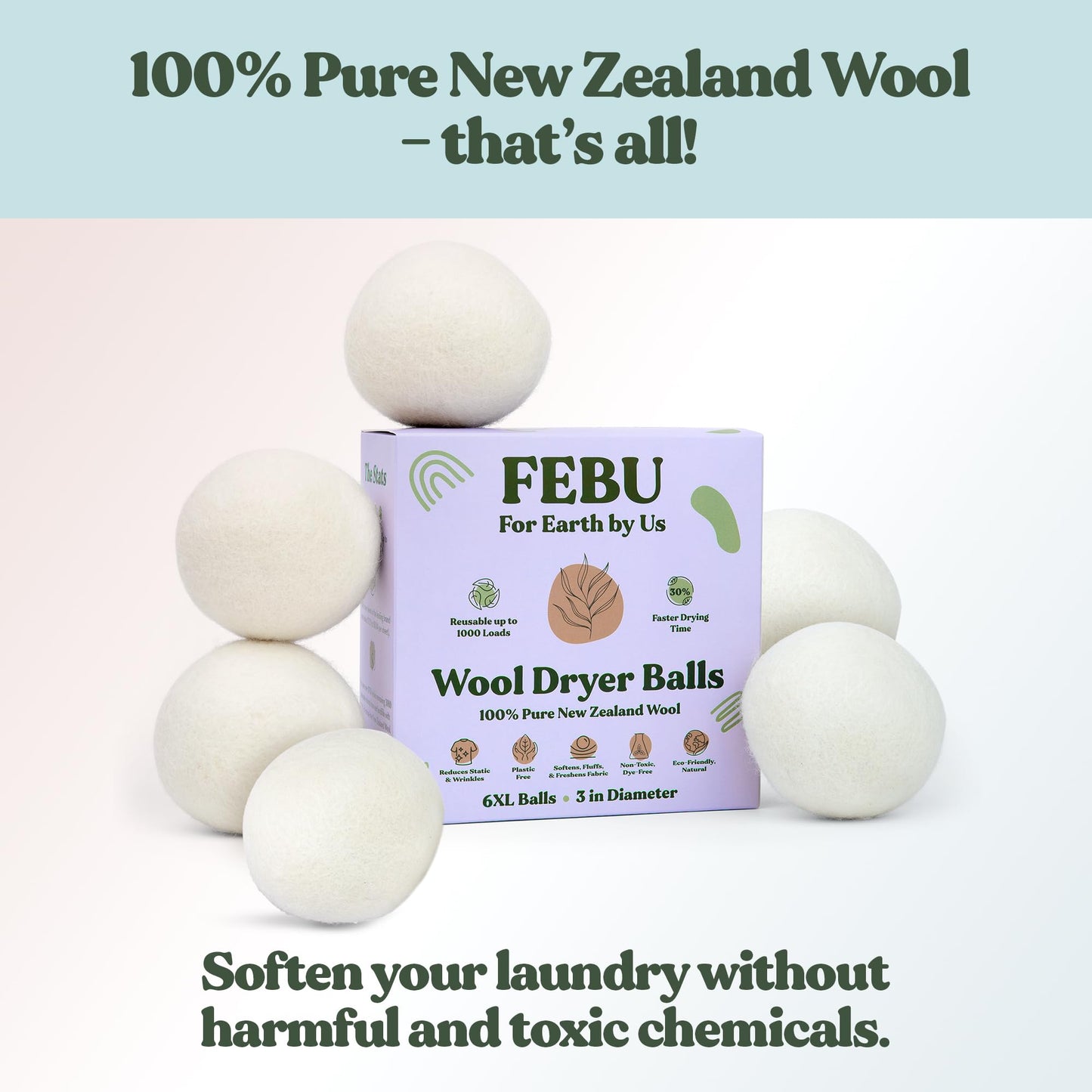 FEBU Wool Dryer Balls, 6-Pack, XL | 100% New Zealand Wool | Natural, Reusable Fabric Softener | Alternative to Dryer Sheets | Reduces Wrinkles