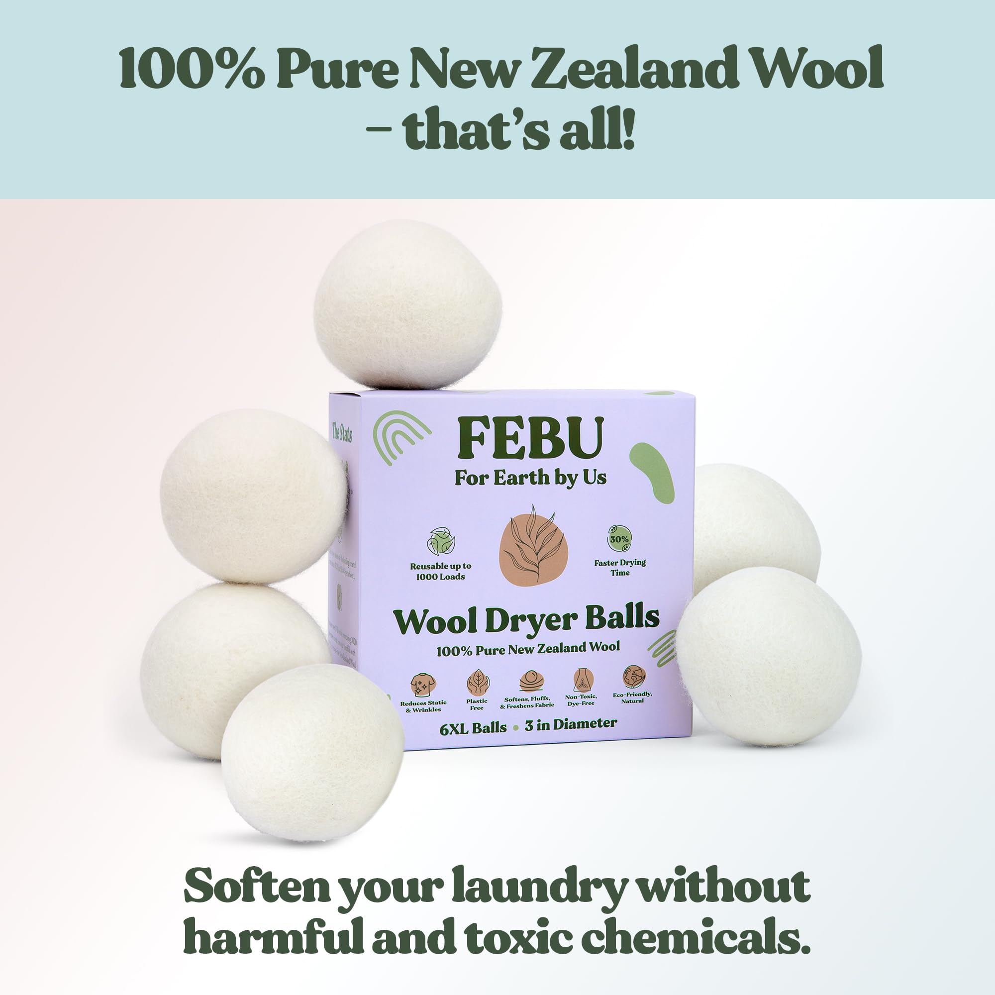 FEBU Wool Dryer Balls, 6-Pack, XL | 100% New Zealand Wool | Natural, Reusable Fabric Softener | Alternative to Dryer Sheets | Reduces Wrinkles