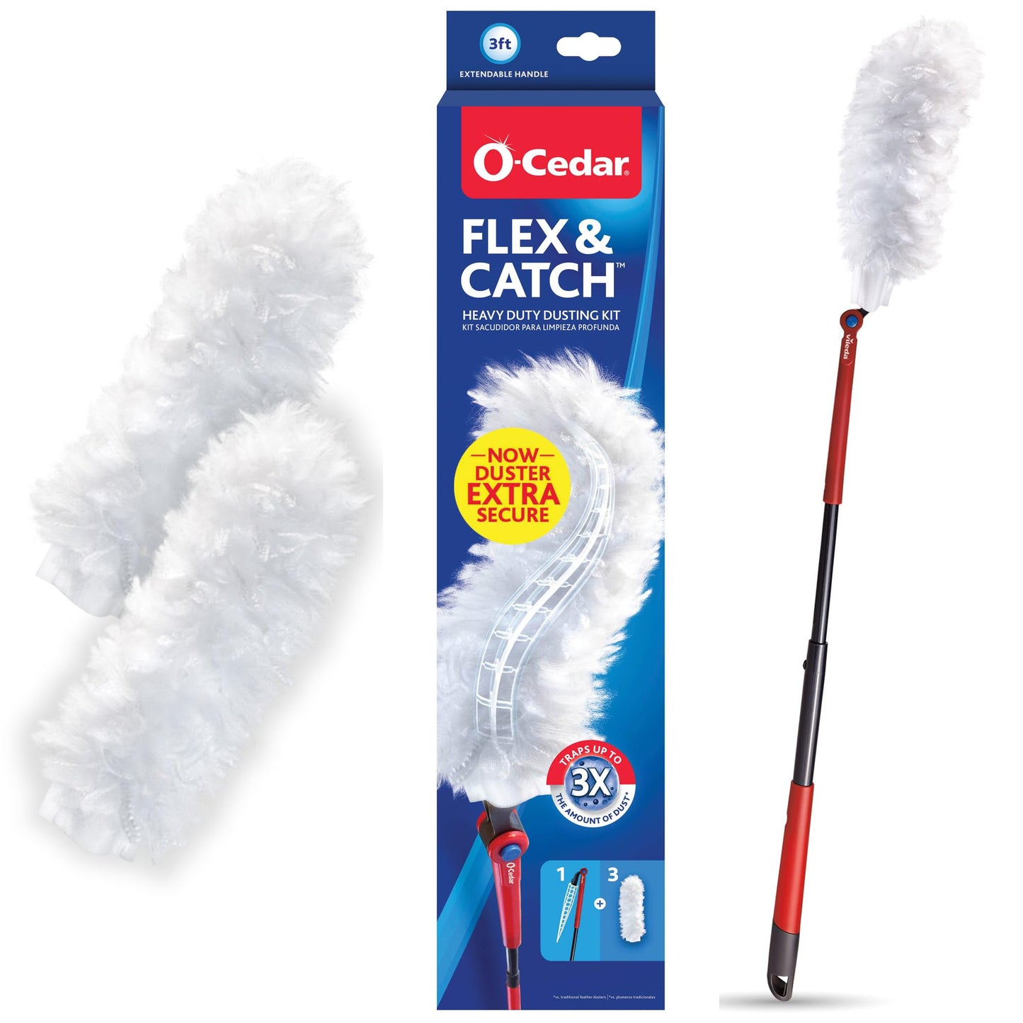 O-Cedar Flex & Catch Heavy Duty Dusting Kit with 3 Disposable Duster Refills | New & Improved Model | Extendable 3 Ft Handle with Stay-On Duster Hook