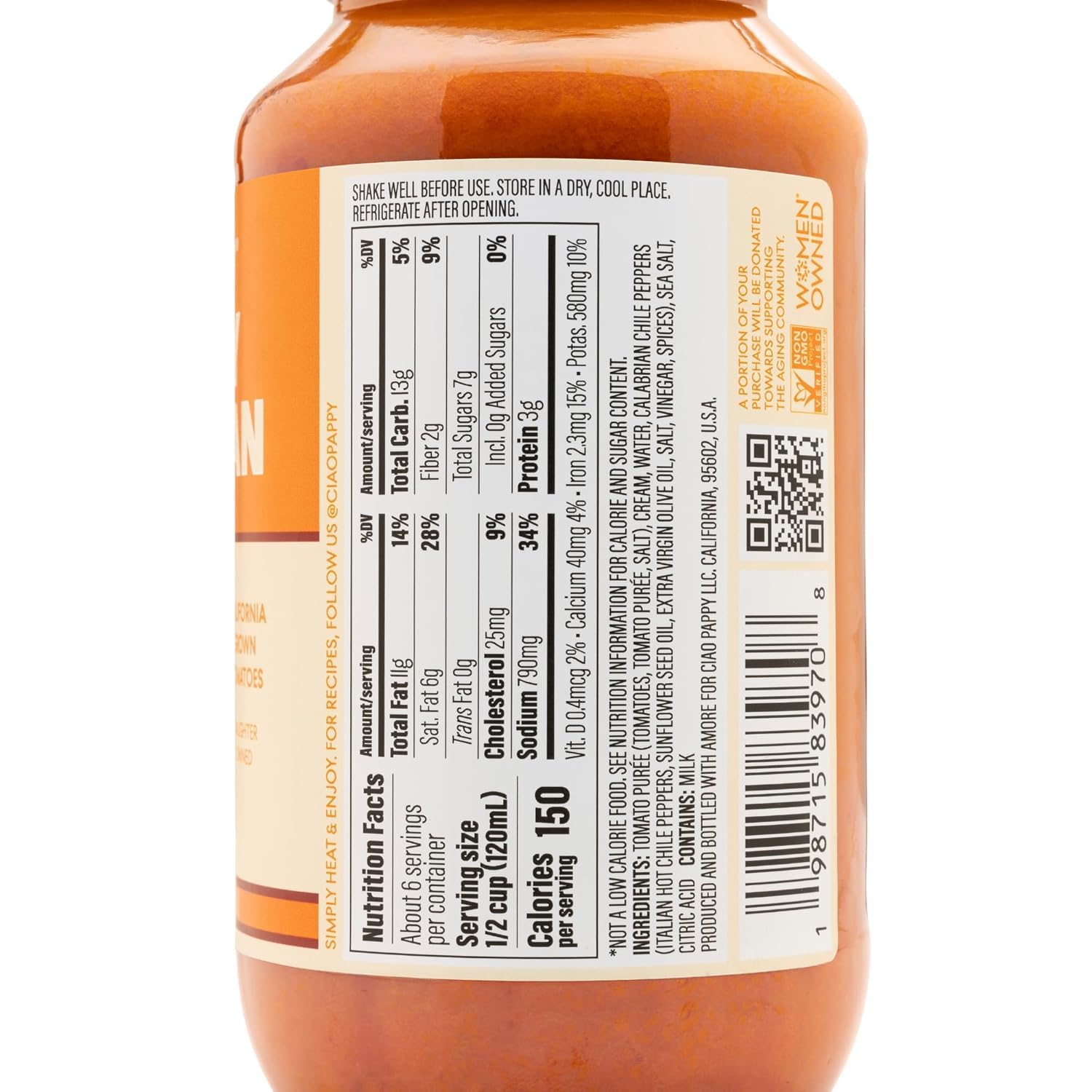 Ciao Pappy Creamy Calabrian Marinara Pasta Sauce - Spicy Tomato Sauce with Italian Imported Calabrian Chili Peppers - Non-GMO - No Sugar Added - Low