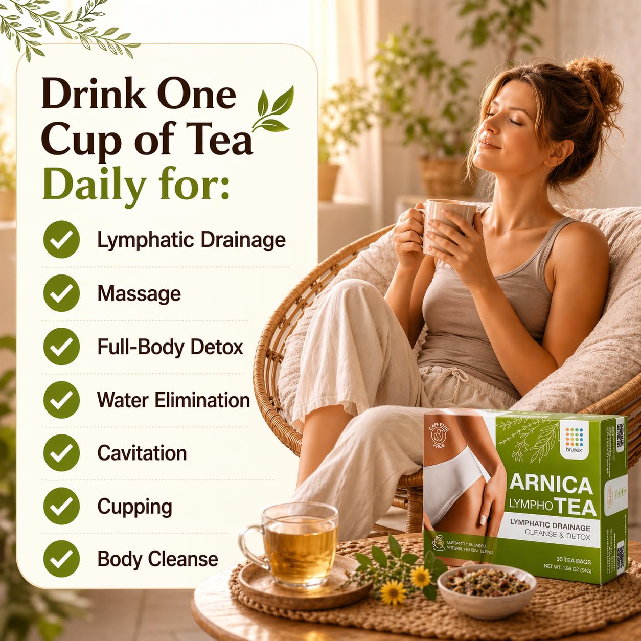 Bruizex Arnica Tea for Bruising and Swelling, Post Surgery Recovery after Liposuction, Tummy Tuck, 360 Lipo, BBL I Blend For Lymphatic Drainage
