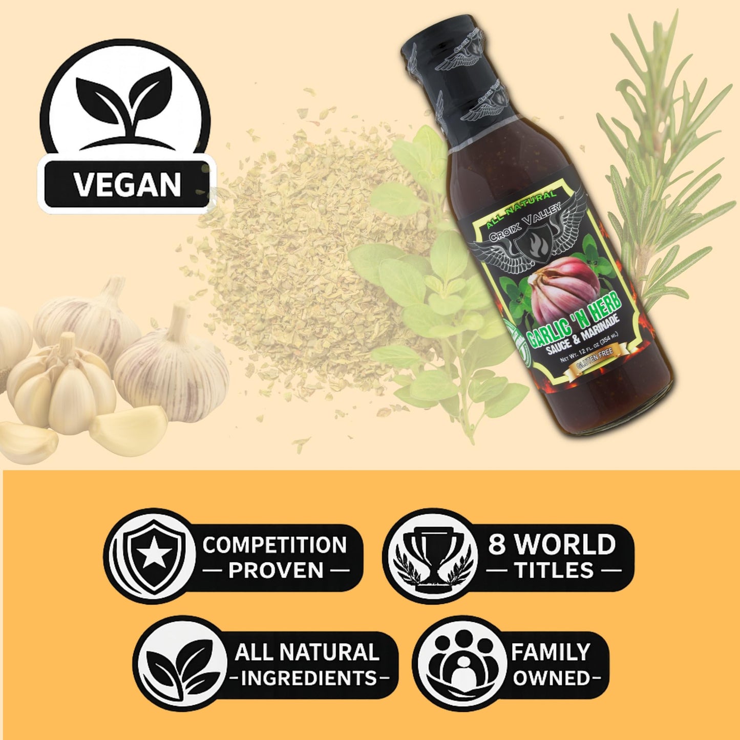 Croix Valley Garlic 'n Herb Sauce & Marinade - 3 Pack (12 oz Glass Bottles) - Savory Garlic & Herb with Balanced Depth - Gluten-Free, No MSG, No High