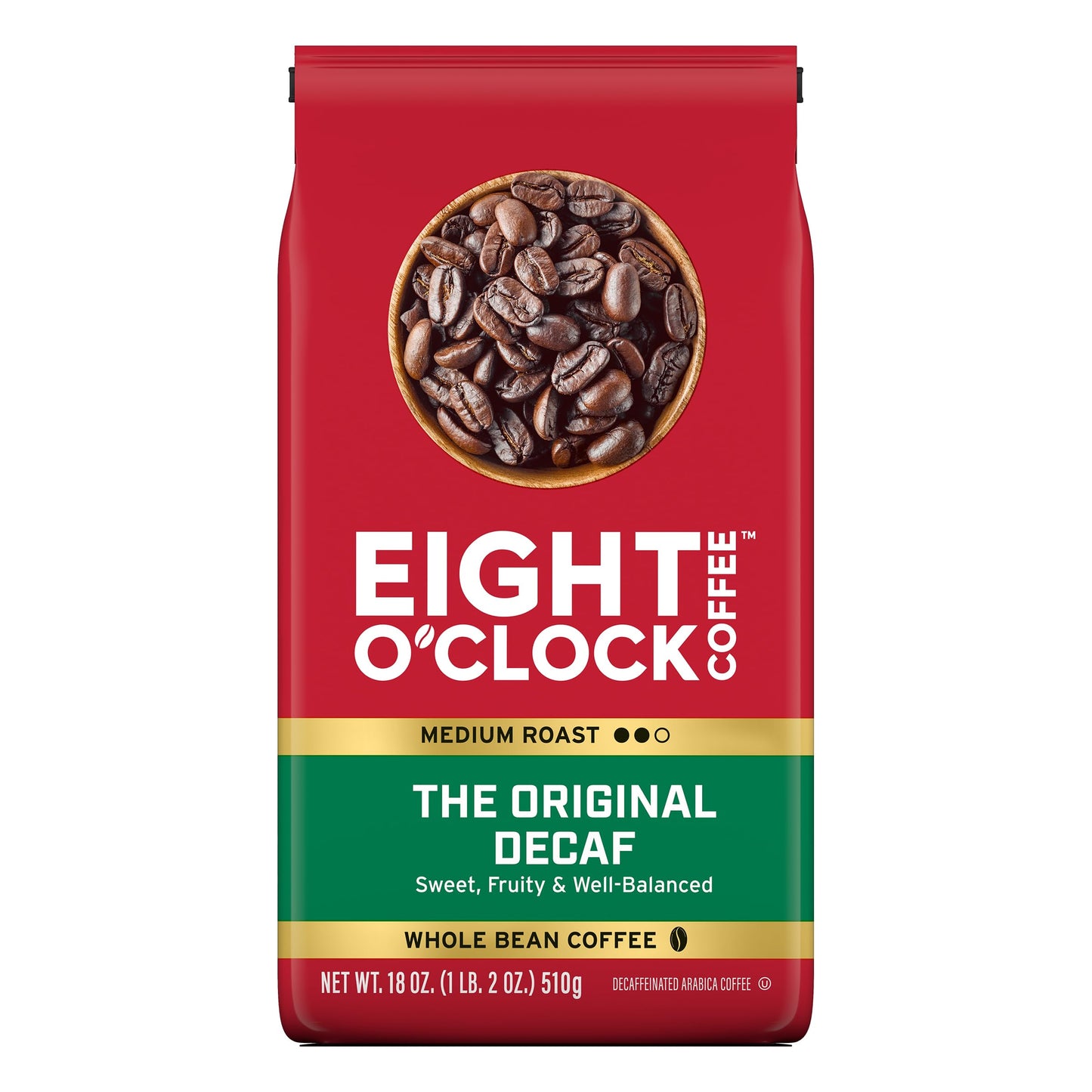 Eight O'Clock Coffee The Original Decaf, Medium Roast Whole Bean Decaffeinated Coffee, 100% Arabica, 18 Ounce (Pack of 1)