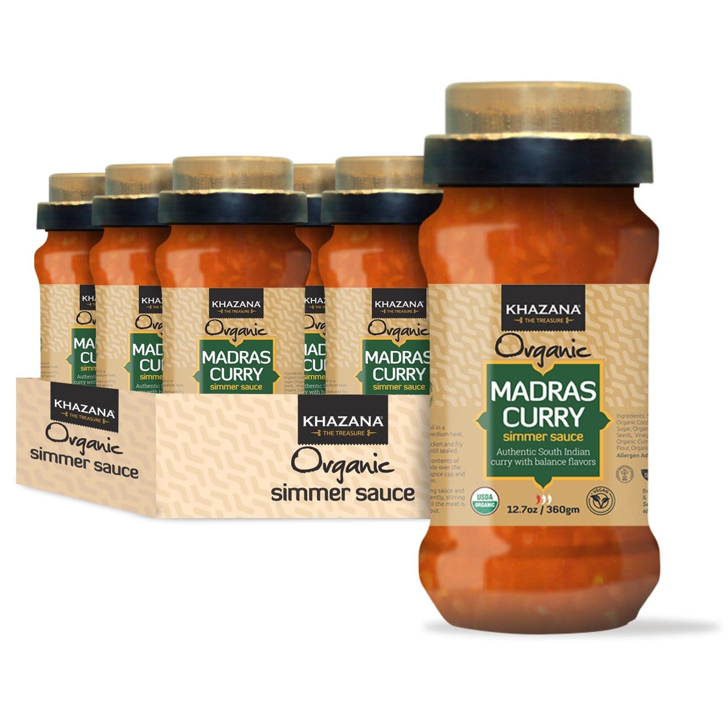 Khazana ORGANIC Madras Curry Indian Simmer Sauce - 6 x 12.7oz Jars | Non-GMO, Vegan, Gluten Free, Kosher | Authentic Indian Meals Made Easy at Home!