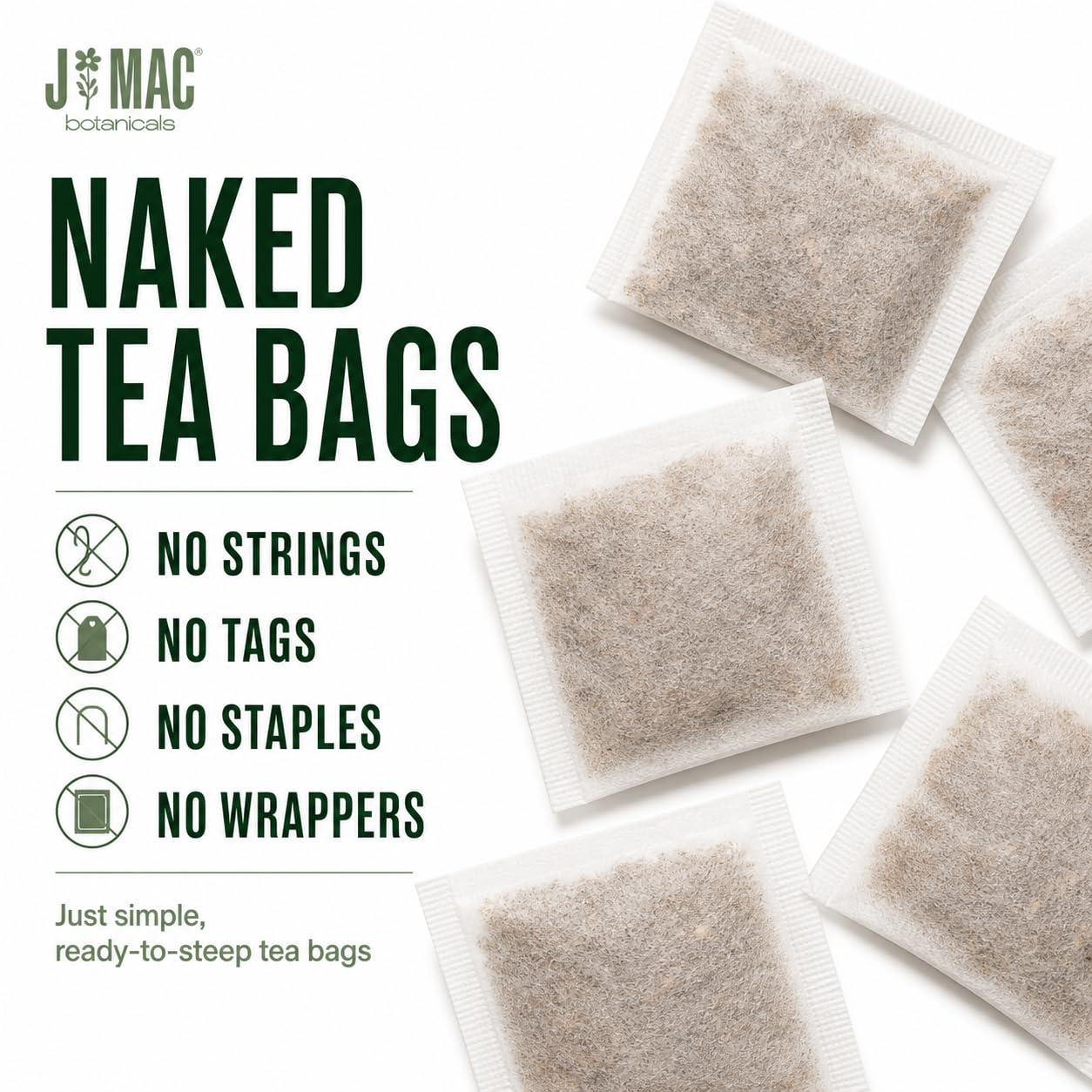 J Mac Botanicals Organic Moringa Tea Bags (50 Count) - Premium Moringa Leaf Herbal Tea, Caffeine-Free, Smooth Taste, Naked Tea Bags (No Strings