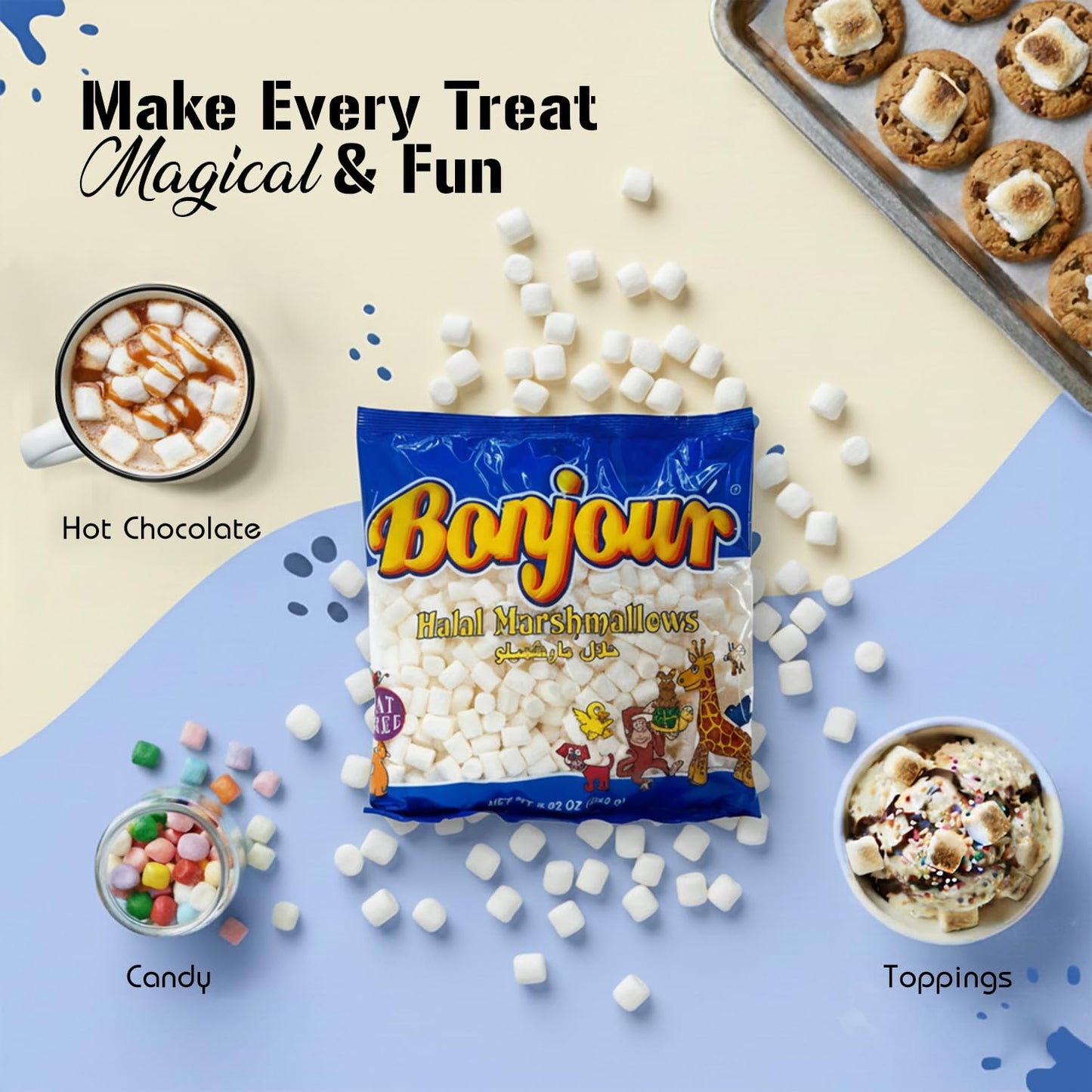Bonjour Mini Marshmallows - Halal Gelatin, Low Fat & Dye Free Small Marshmallows For Hot Chocolate, Smore, Ice Cream - Vanilla Flavored Soft, Fluffy