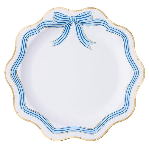 Bonjour Fête Blue & Gold Bow Paper Party Dinner Plates | Premium Paper Party Supplies |Gold Foil | Bridal & Baby Showers, Mother’s Day, Easter Brunch