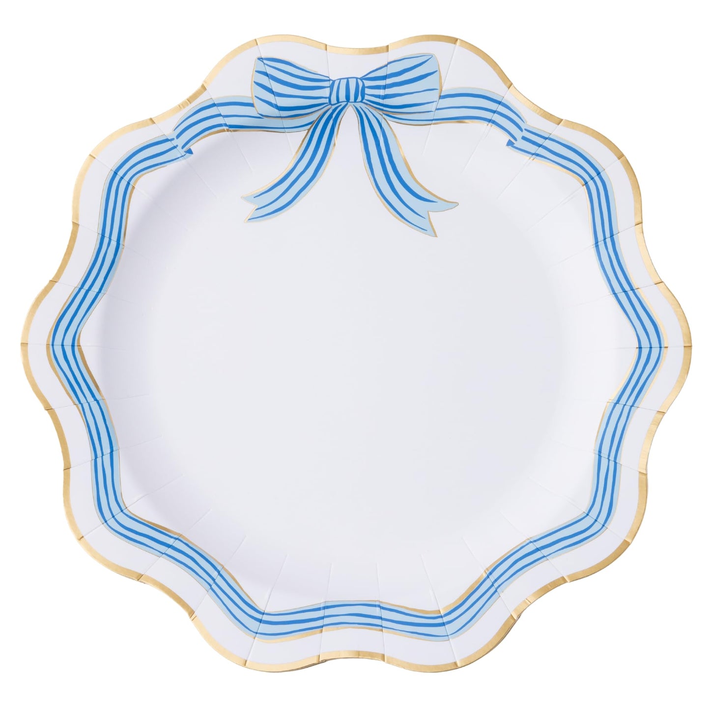 Bonjour Fête Blue & Gold Bow Paper Party Dinner Plates | Premium Paper Party Supplies |Gold Foil | Bridal & Baby Showers, Mother’s Day, Easter Brunch