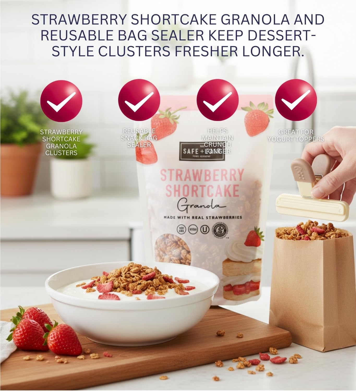 The Safe And Fair Food Company - Granola Strawberry Shortcake (12 OZ.) Bundle with Plastic Bag Clip for Snack Storage, Easy Resealing, and Organized