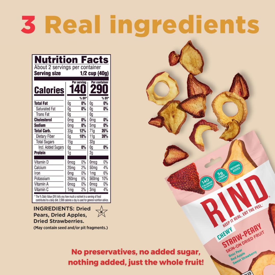 RIND Snacks | Straw-Peary | Strawberry, Apple, & Pear | Dried Fruit Superfood | Chewy Snack | No Sugar Added | All Natural | High in Fiber | Gluten