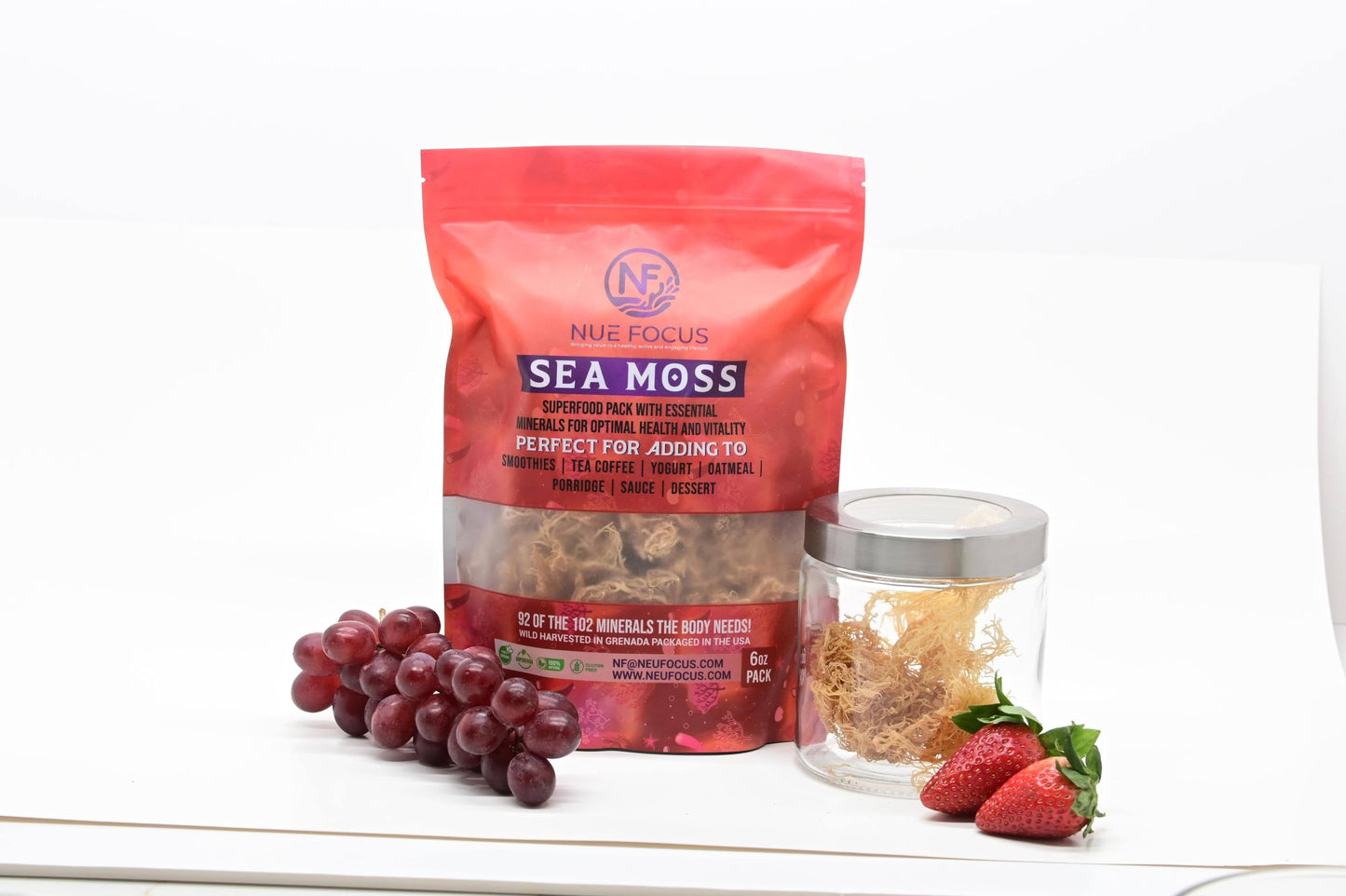 NUE FOCUS Dry Sea Moss, 6oz bag, Harvest in Grenada, Superfood - Harness 92 Essential Minerals for Optimal Health and Vitality
