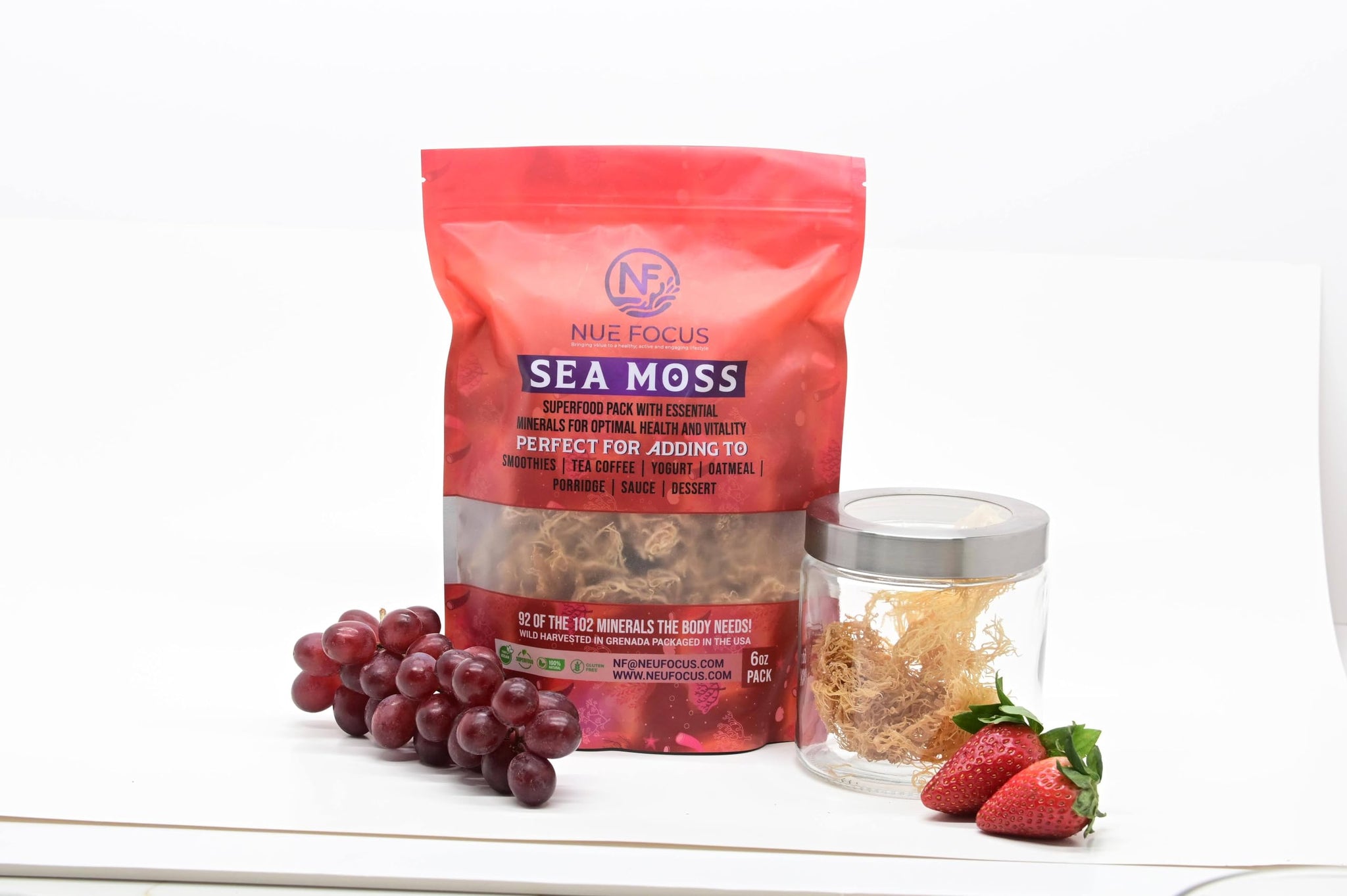 NUE FOCUS Dry Sea Moss, 6oz bag, Harvest in Grenada, Superfood - Harness 92 Essential Minerals for Optimal Health and Vitality