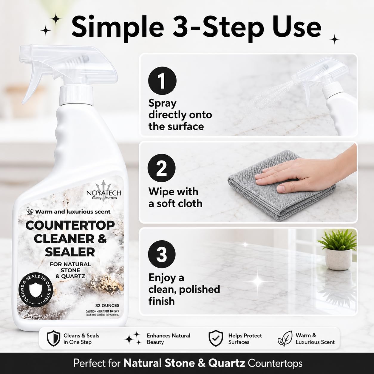 NOYATECH Countertop Cleaner & Sealer - Streak-Free Spray for Granite, Marble & Quartz | Cleans & Protects in One Step | USDA BioBased, Non-Toxic, No