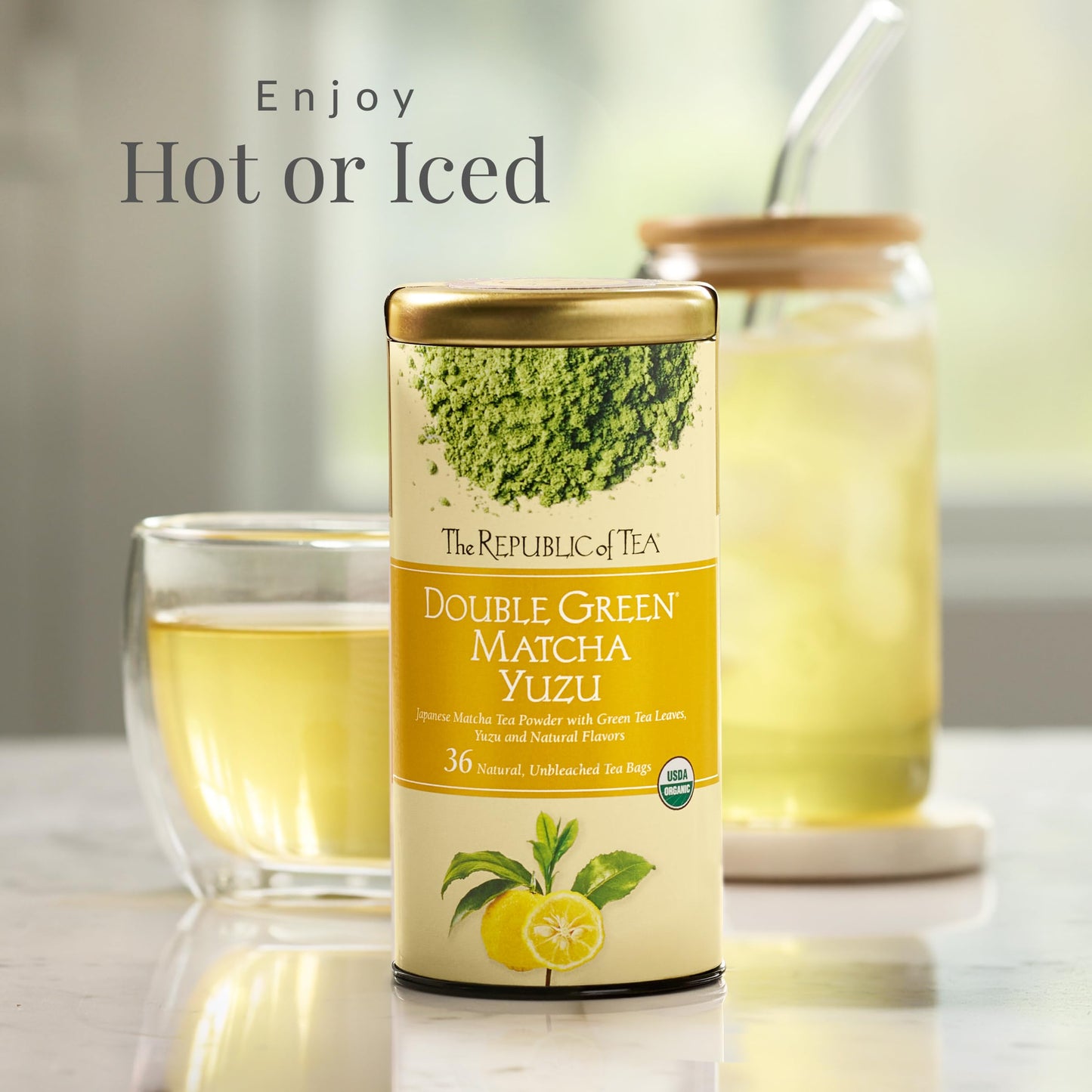 The Republic of Tea Organic Double Green Matcha Yuzu, Individual Tea Bags with Japanese Matcha Tea Powder and Green Tea Leaves Blend, Natural