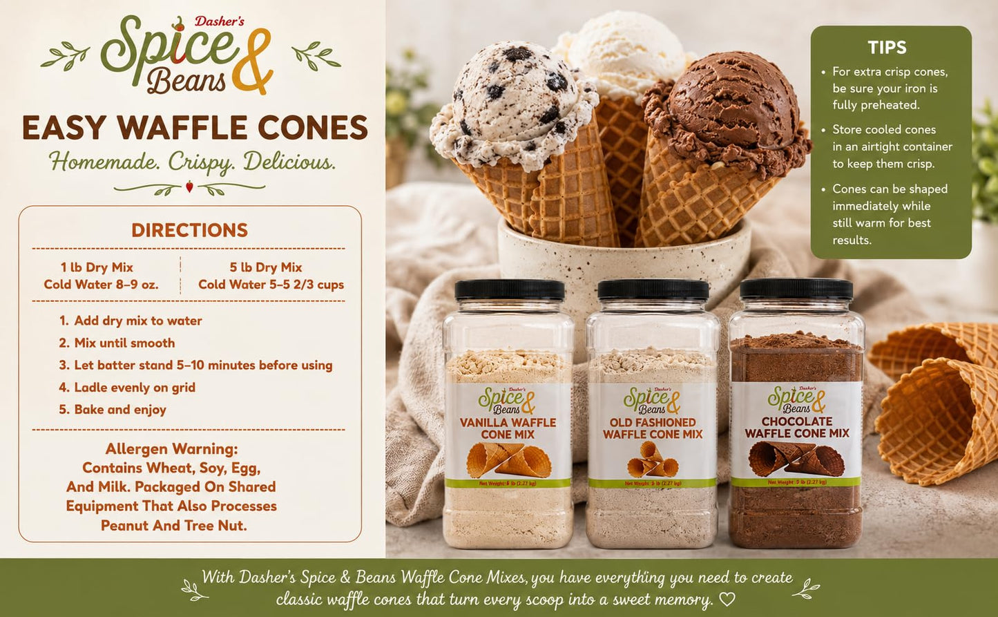 Chocolate Waffle Cone Mix | Homemade Waffle Cones, Waffle Bowls & Dessert Shells | Easy Just-Add-Water Recipe | 5 lb Bulk Container | Dasher’s Spice & Beans