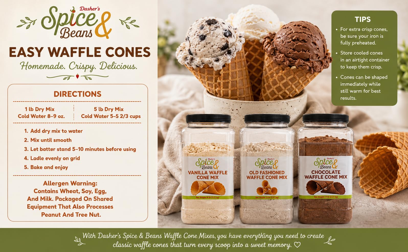 Chocolate Waffle Cone Mix | Homemade Waffle Cones, Waffle Bowls & Dessert Shells | Easy Just-Add-Water Recipe | 5 lb Bulk Container | Dasher’s Spice & Beans