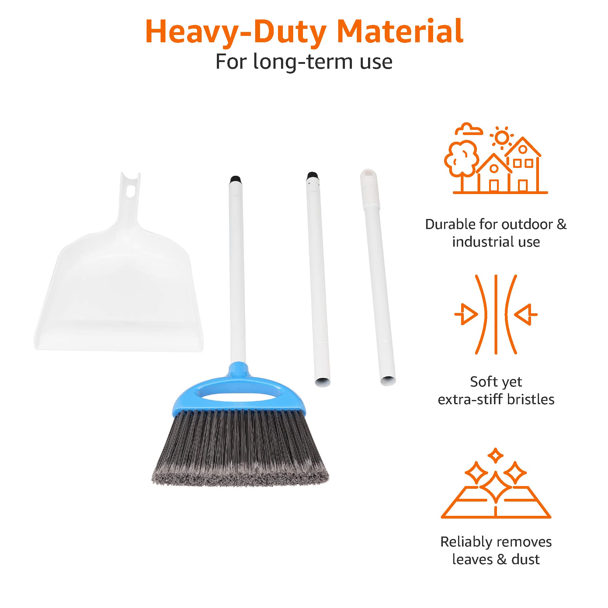 Amazon Basics Dustpan Broom Set with Adjustable Long Handle, Easy to Assemble, Blue and White