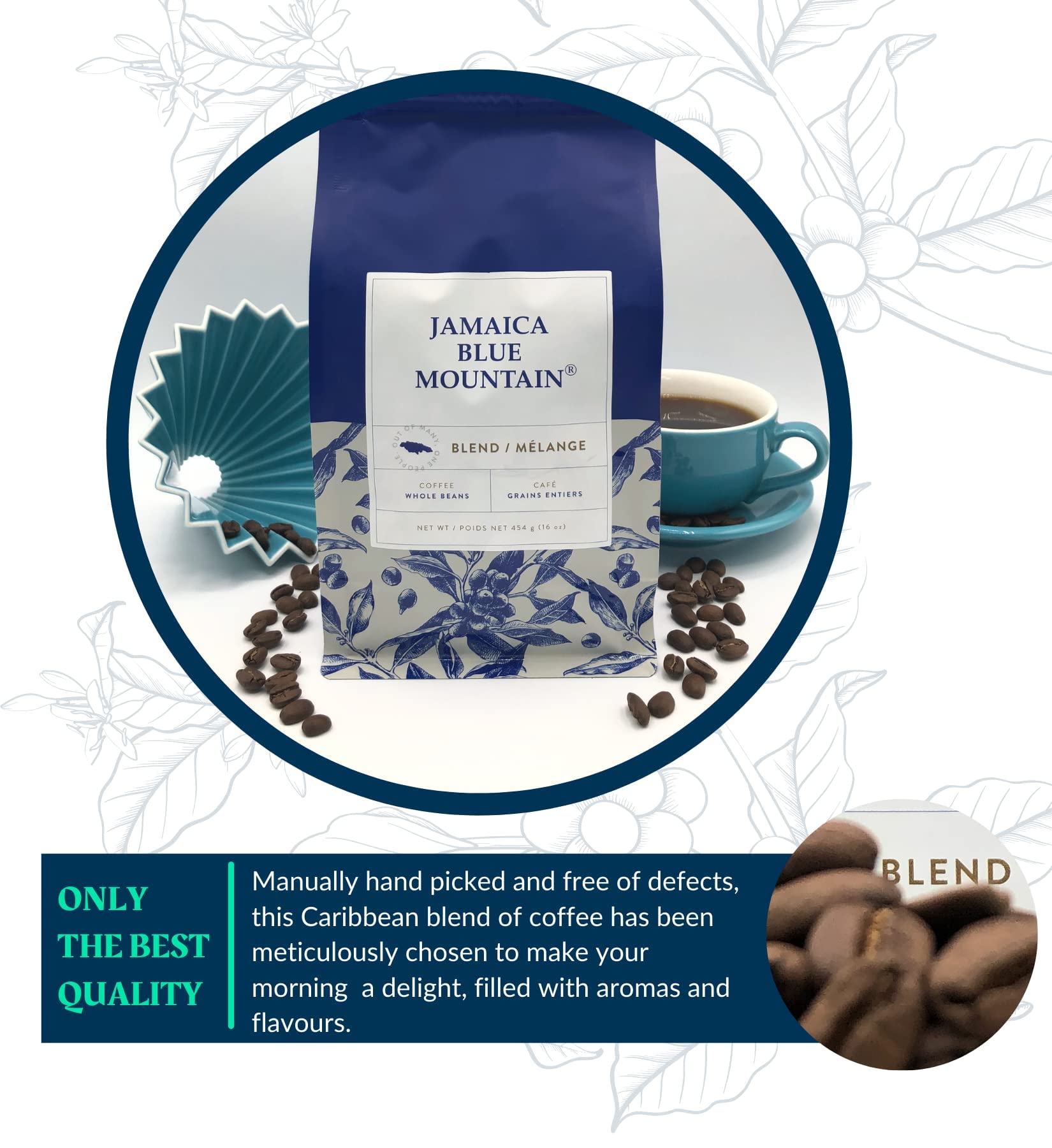 JA Coffee - Jamaica Blue Mountain Caribbean Coffee Blend, Medium Roast, Whole Beans - Premium Arabica, Bag of 454 Grams (1 Pound, 16 Ounces)