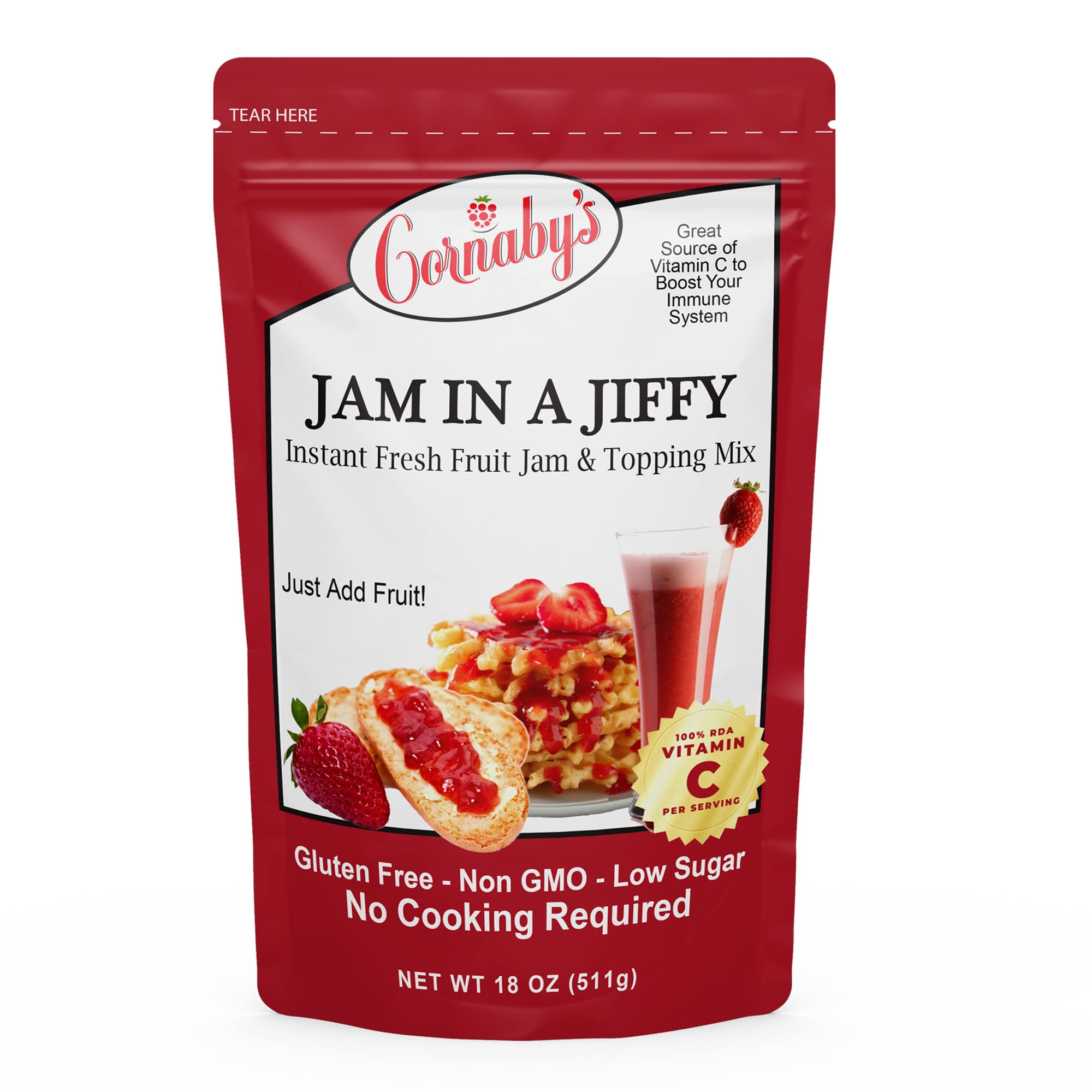 Cornaby's Jam in a Jiffy - Low Sugar Jam Mix, Instant Fresh or Freezer, No Cook, 18 Oz - Easy Dessert Topping for Homemade Low Calorie Jam