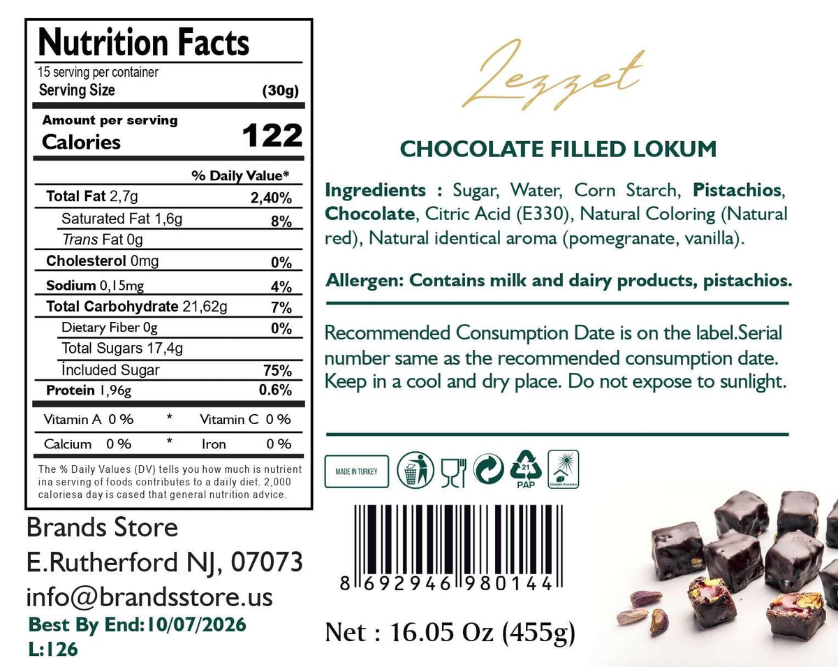 Lezzet, Handmade Chocolate Covered Turkish Delight, Premium Lokum, 15 Pieces, 16.05 oz (455 gr)