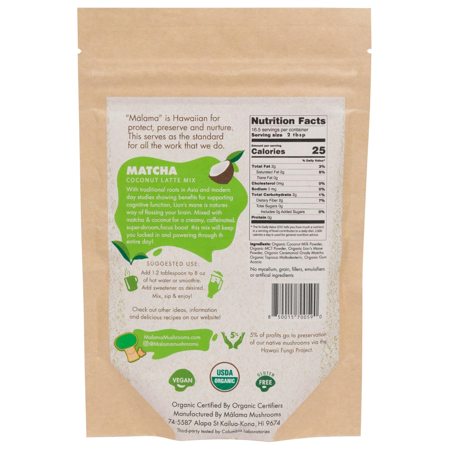 Malama Ceremonial Grade Matcha Coconut Latte Powder - Premium Japanese Matcha Green Tea Powder with Organic Lion’s Mane - Organic, Gluten-Free, Vegan