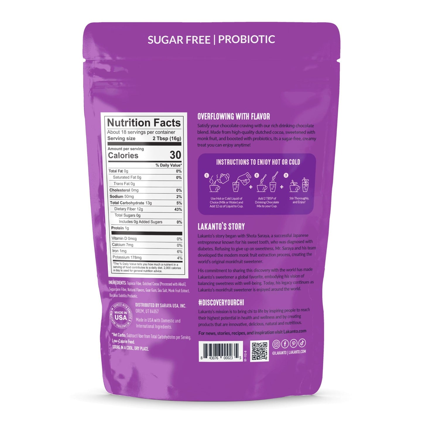 Lakanto Sugar Free Drinking Chocolate - Cold or Hot Cocoa Powder Mix, Shelf Stable Probiotics, Monk Fruit Sweetener, Keto Diet Friendly, Vegan, Dutch