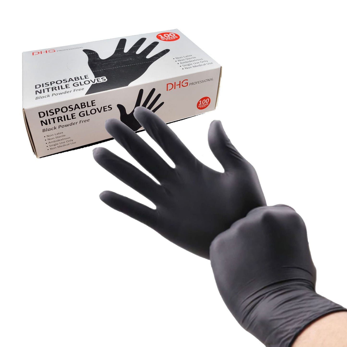 DHG PROFESSIONAL Large, Black Nitrile Disposable Gloves, Food Handling, Cleaning Gloves, Non-Latex, Ambidextrous