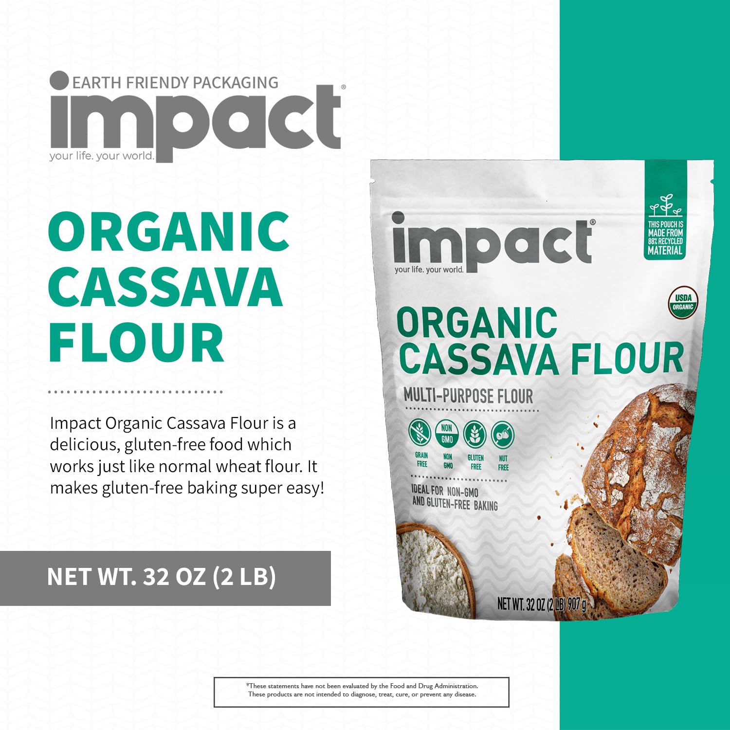 Impact - Organic Cassava Flour - Gluten-Free Baking Essential - Grain-Free Wheat Flour Substitute for Cooking and Baking - High Fiber, Easy to Use