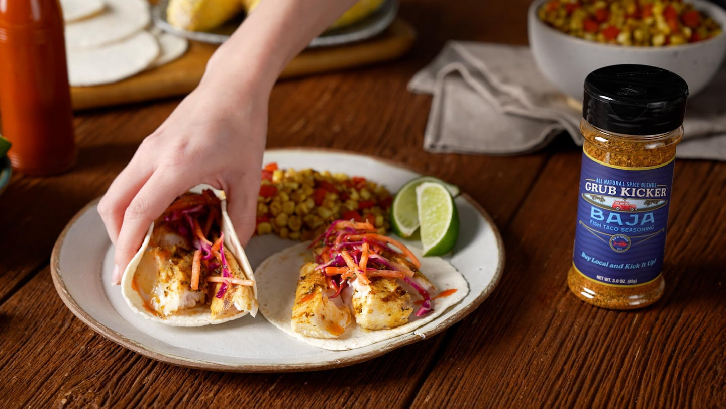 Grub Kicker Fish Taco Seasoning Baja Blend - 3 oz Bottle - Taco Seasoning Mix Spice for Seafood, Shrimp, and Tex Mex Dishes - Use to Season Fish