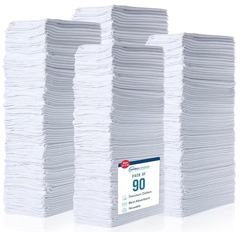 Simpli-Magic Cotton Shop Towels 14"x12" (90 Pack) - Reusable Cleaning Shop Rags for Automobiles, Industries, Garage and Homes (White)