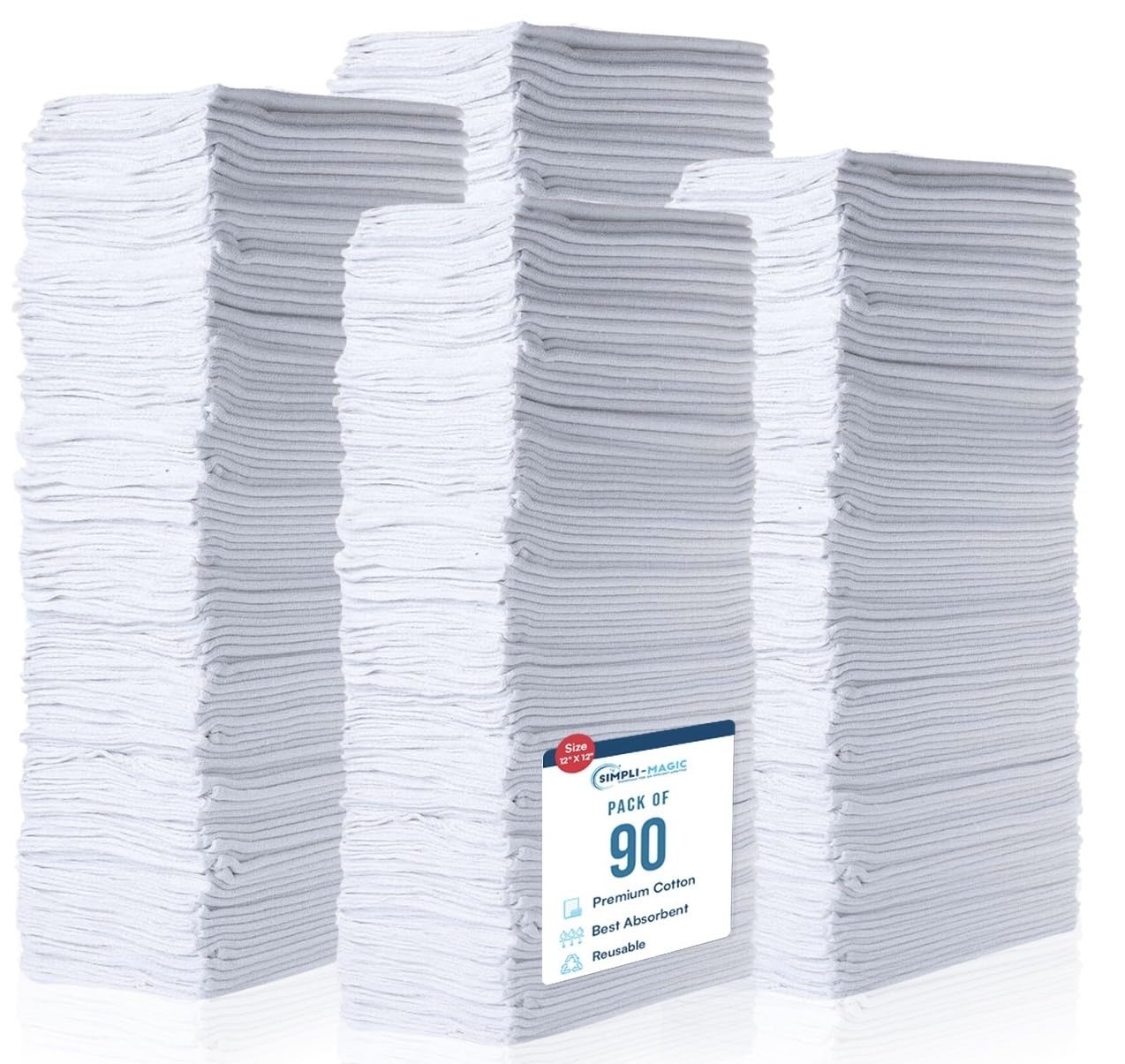 Simpli-Magic Cotton Shop Towels 14"x12" (90 Pack) - Reusable Cleaning Shop Rags for Automobiles, Industries, Garage and Homes (White)