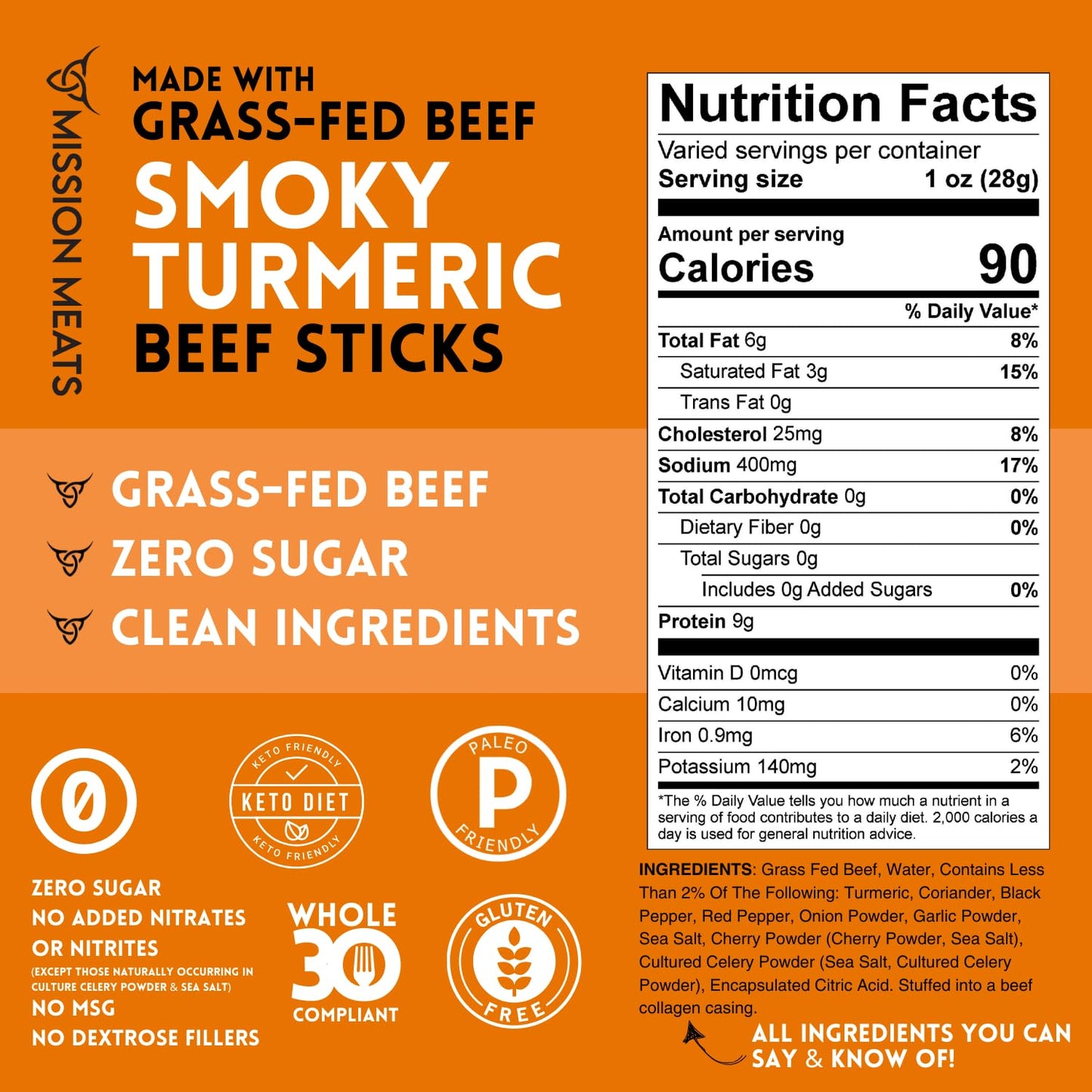 Mission Meats Beef Sticks - 100% Grass Fed & Pasture Raised, Sugar Free, Individually Wrapped Healthy Snacks, Whole 30 & Paleo Friendly, Smoky
