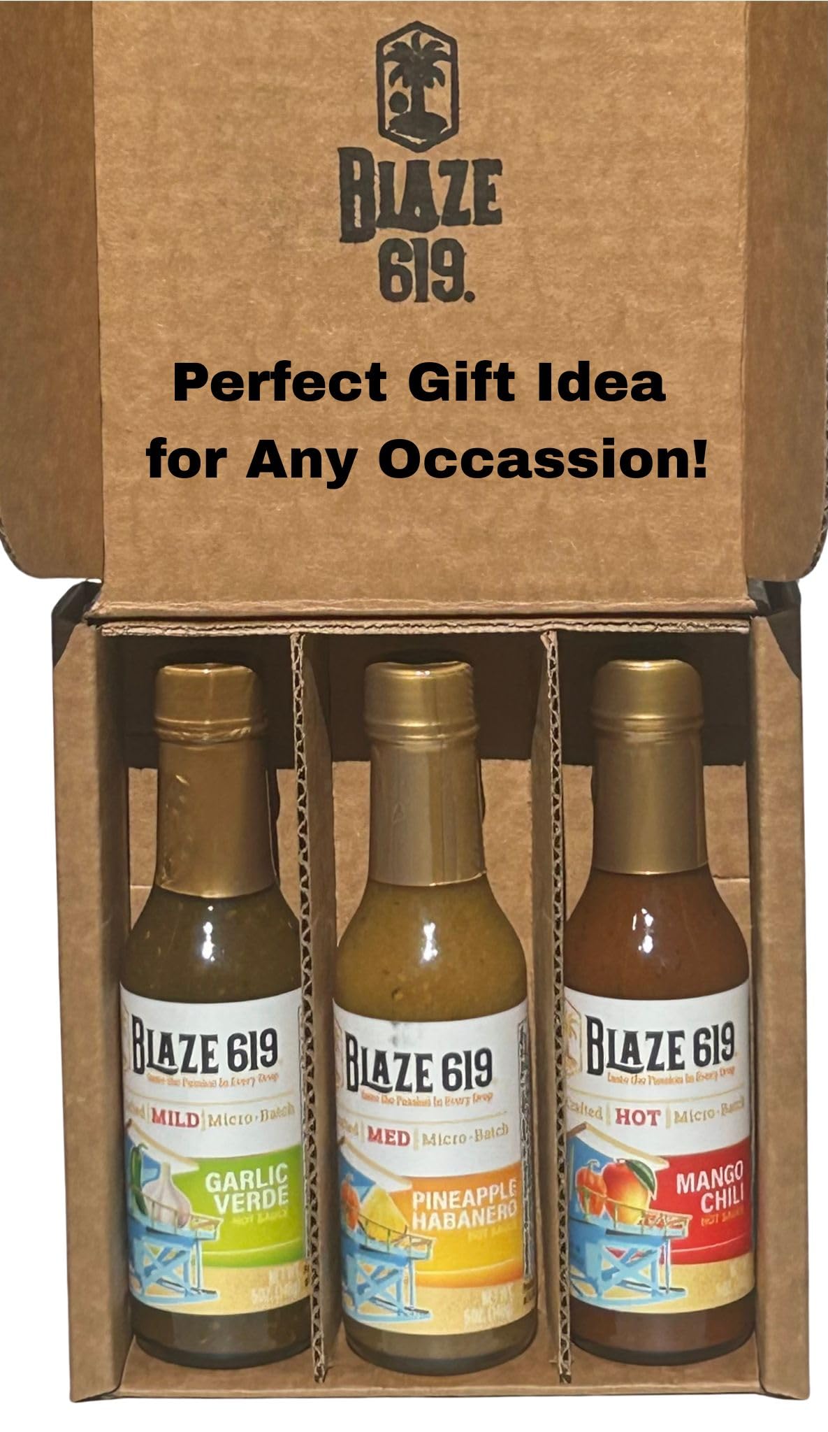 Blaze 619 Gourmet Hot Sauce Gift Set, Pineapple Habanero, Mango Chili, Garlic Verde, All Natural, Gluten Free, Vegan, Low Sodium, 5oz Bottles, 3 Pack
