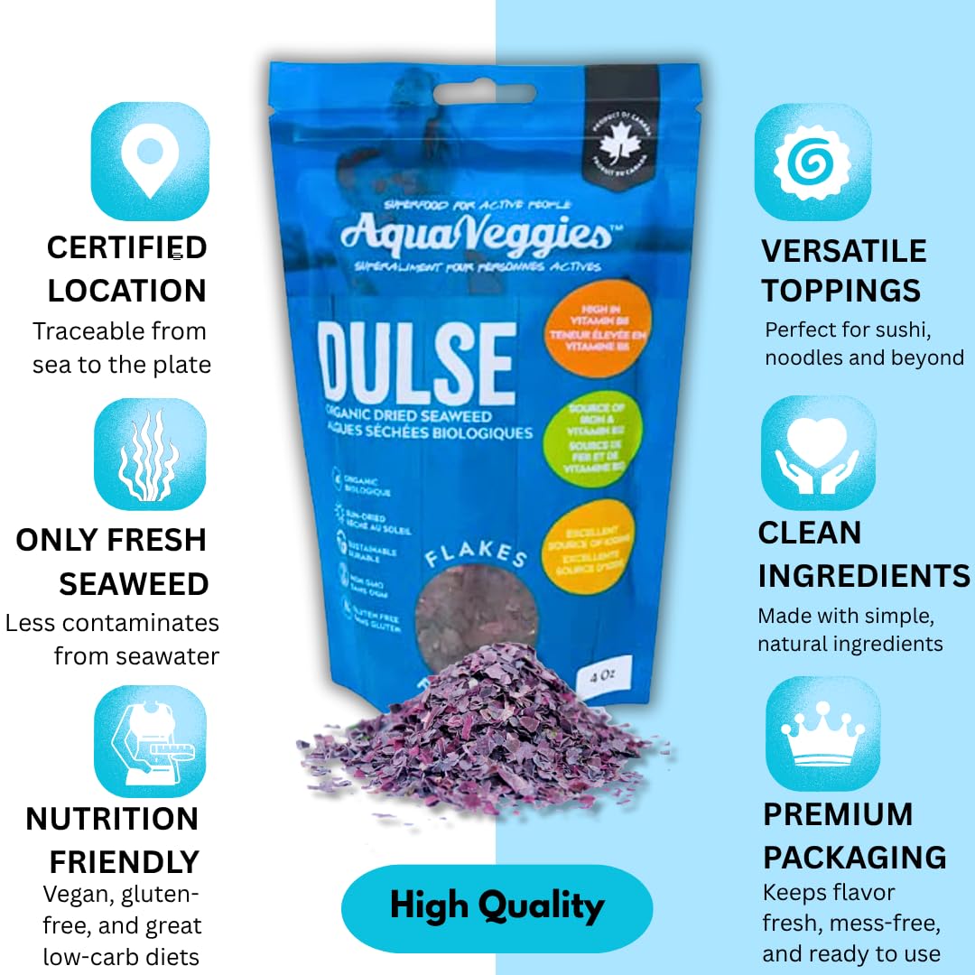 Aqua Veggies Organic Atlantic Dulse Flakes 4 Oz , Hand-Harvested, Sun-Dried Bay of Fundy, Excellent Source of Vitamins B6, B12, Iron, Iodine, Protein