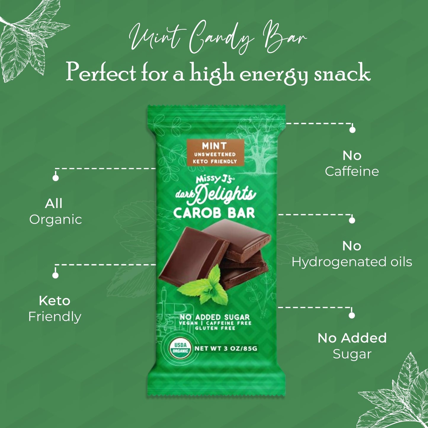 Missy J's Organic Carob Dark Delights Unsweetened Mint Candy Bar 3 Oz 6 Pack | Keto, Vegan and Gluten-Free | Healthy Caffeine Free Substitute