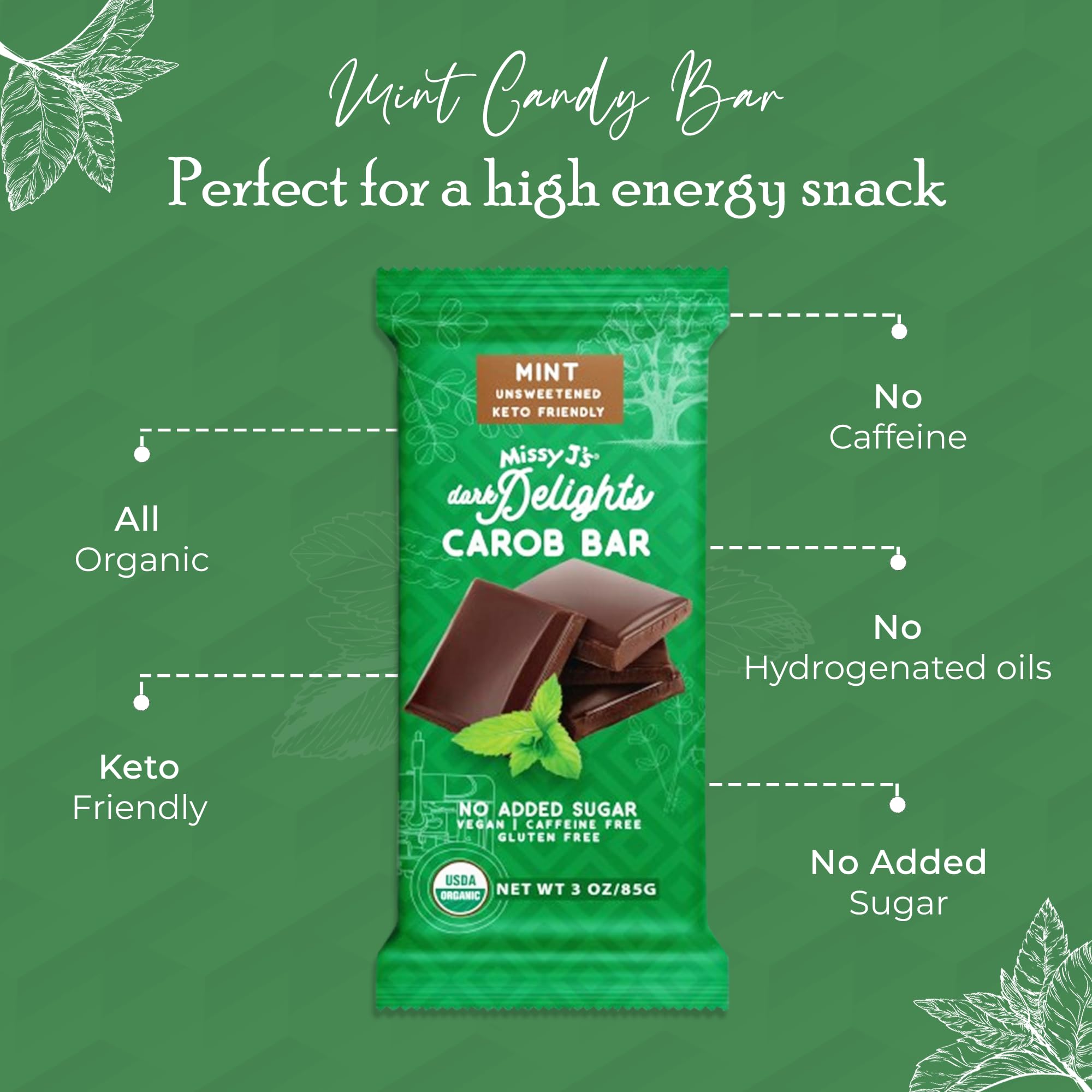Missy J's Organic Carob Dark Delights Unsweetened Mint Candy Bar 3 Oz 6 Pack | Keto, Vegan and Gluten-Free | Healthy Caffeine Free Substitute