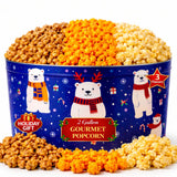 2 Gallon Christmas Popcorn Tin - 3 Flavor Gourmet Holiday Gift Basket - Caramel, Cheddar Cheese & Butter Popcorn - Large Festive Snack Gift