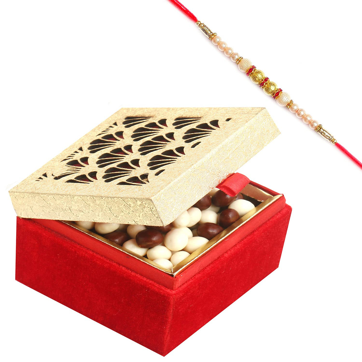 Ghasitaram Gifts Rakhi Gifts for Brothers Rakhi Chocolate Golden Lazer Nutties Box with Pearl Rakhi