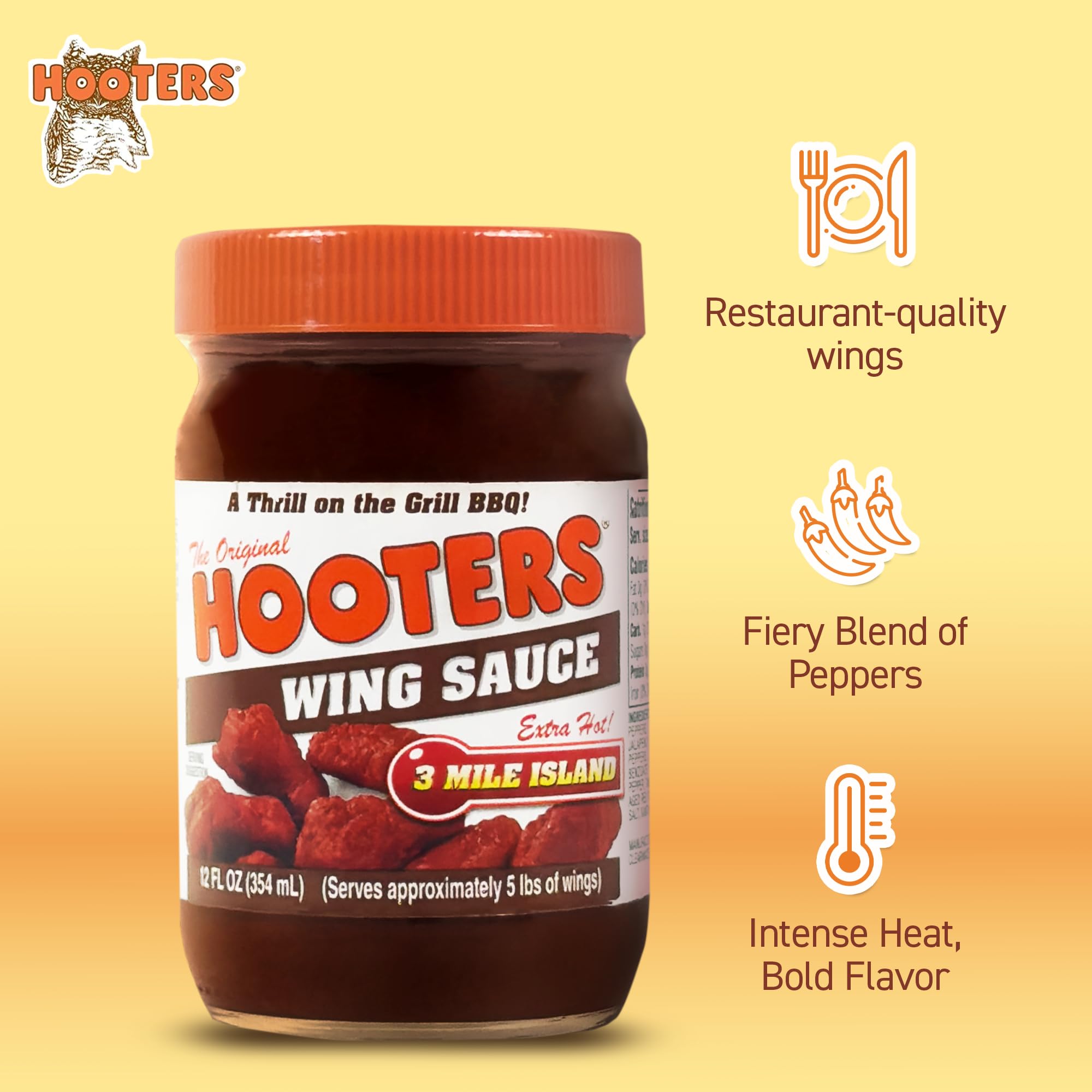 The Original Hooters 3 Mile Island Wing Sauce - Spicy Extra Hot Sauce Ideal for Chicken Wings Dipping, Grilling, Seafood, Ribs, Balanced Restaurant