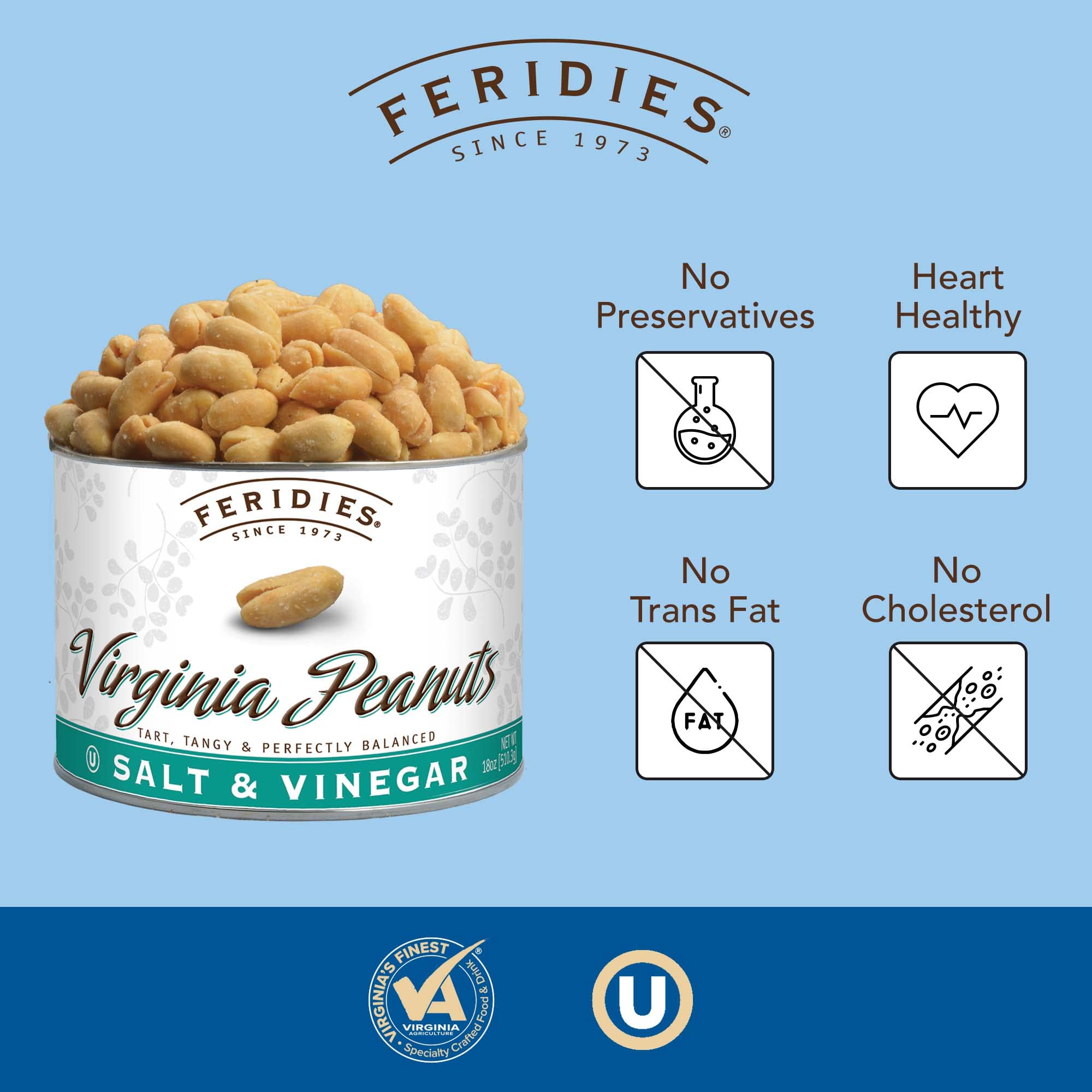 FERIDIES Salt and Vinegar Virginia Peanuts, Extra Large Roasted, 18 Oz Resealable Gourmet Snack Tin