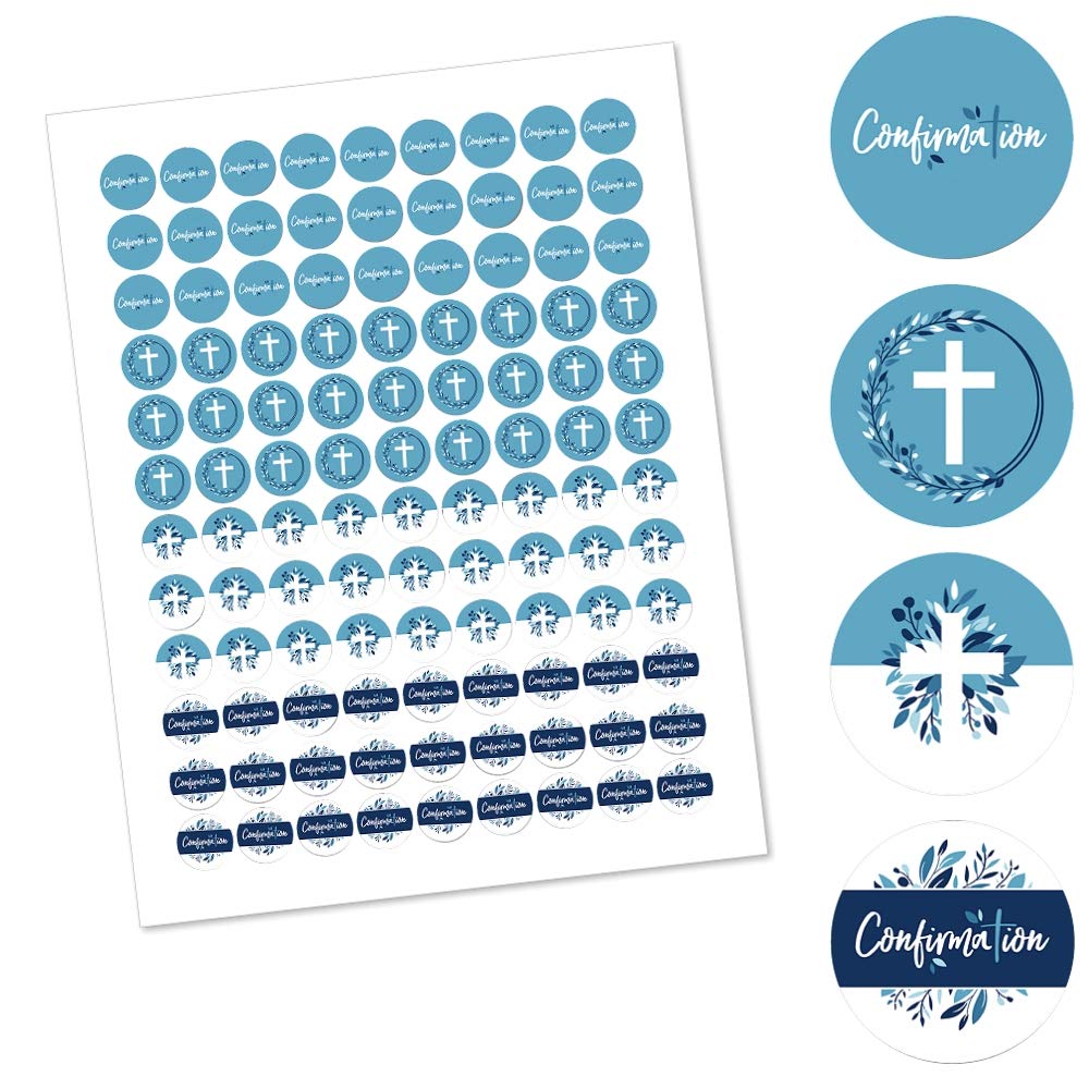 Big Dot of Happiness Confirmation Blue Elegant Cross - Boy Religious Party Round Candy Sticker Favors - Labels Fit Chocolate Candy (1 Sheet of 108)