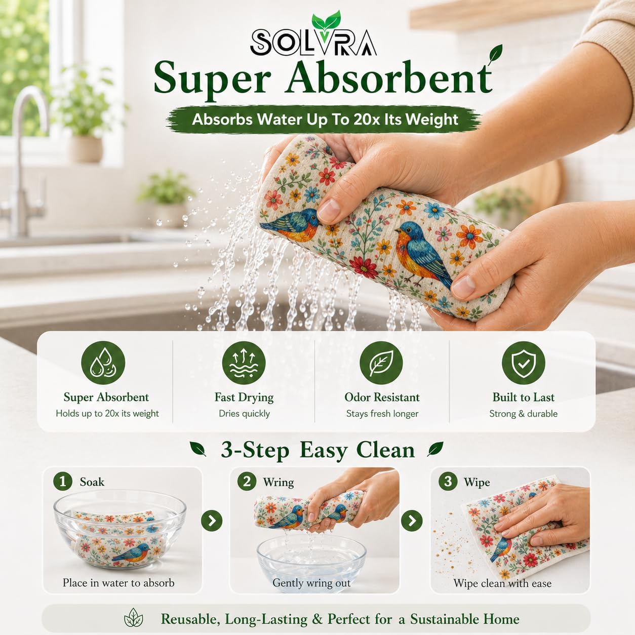 10 PCS Birds Print Swedish Dishcloths for Kitchen 100% Biodegradable, Reusable Cellulose Sponge Cloths Ultra Absorbent, Eco Friendly Cleaning Towels