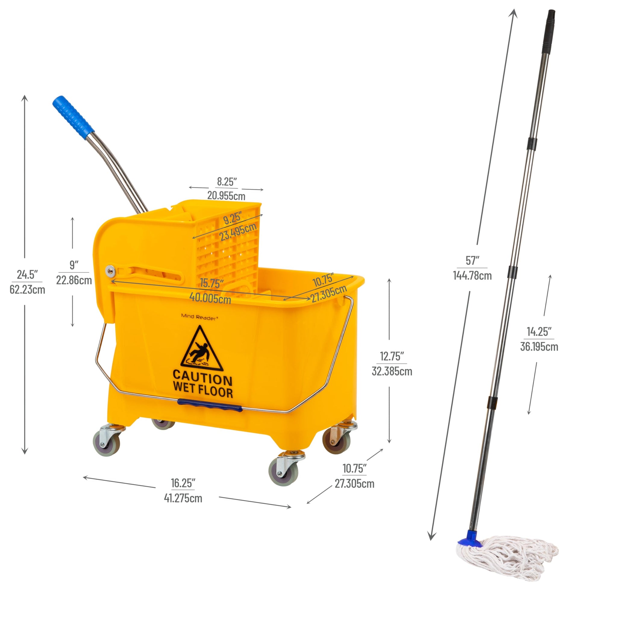Mind Reader Mop and Bucket Set with Wringer, Mop Included, 5.5 Gallon Cleaning System with Wheels, Upward Press Wringer, Small Mop Compatible