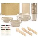 200pcs Compostable Paper Set Eco-friendly Heavy-duty Disposable Plates Cutlery Utensils, Bamboo Plates Bowls Forks Knives Spoons Cups Straws fruit