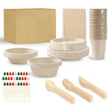 200pcs Compostable Paper Set Eco-friendly Heavy-duty Disposable Plates Cutlery Utensils, Bamboo Plates Bowls Forks Knives Spoons Cups Straws fruit